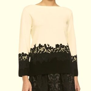 Tory Burch Dixie Cream and Black 💯 Merino Wool Sweater with Lace Detail Size SP